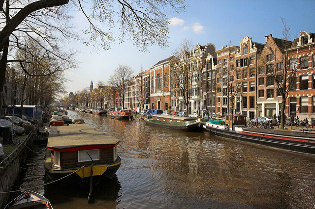 Amsterdam canal with boats